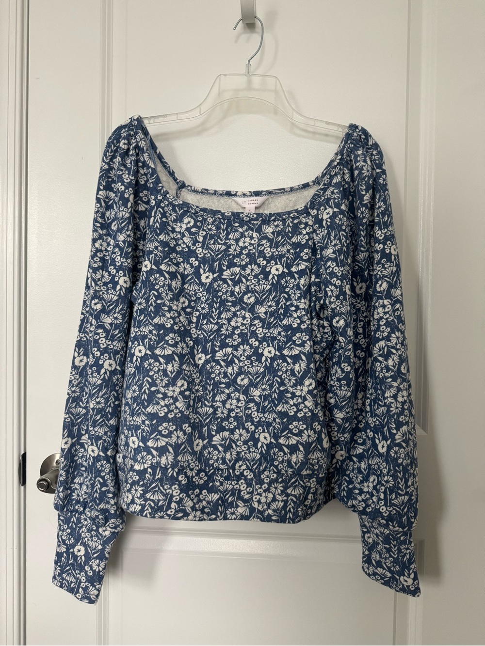 LC Lauren Conrad Blue Floral Square-Neck Blouse